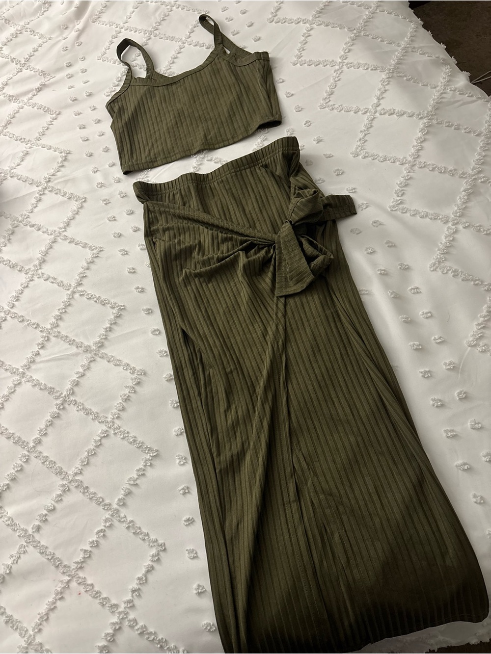 Ribbed Olive Green Two-Piece Set - Crop Top & Tie-Waist Skirt